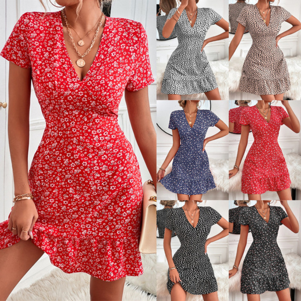 Women's Red Ditsy Floral Deep V-Neck Short-Sleeve Mini Dress